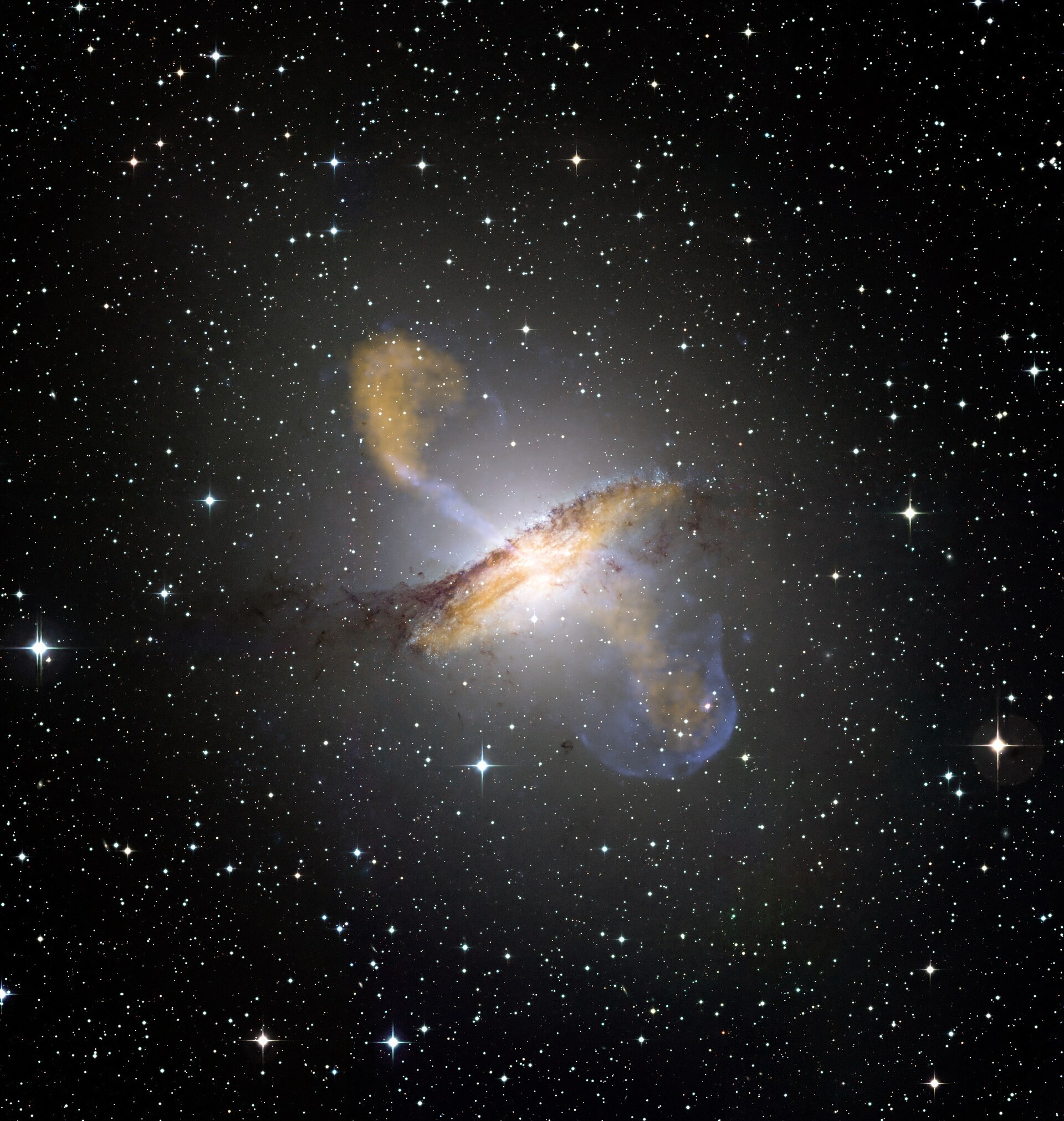 Image credit: ESO/WFI (Optical); MPIfR/ESO/APEX/A.Weiss et al. (Submillimetre); NASA/CXC/CfA/R.Kraft et al. (X-ray) - http://www.eso.org/public/images/eso0903a/